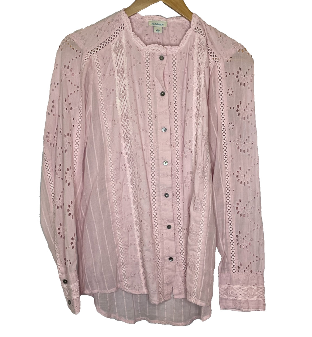 Women's Large Sundance Pink Eyelet Cotton Button Down Boho Blouse NEW